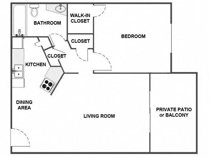 Floor plan for 1 bed, 1 bath, 650 sqft